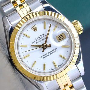 ROLEX LADIES DATEJUST 18K GOLD & STEEL WATCH 69173 WHITE INDEX DIAL FLUTED 26MM